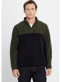 Resim AC&Co / Altınyıldız Classics Erkek HAKI-SIYAH Anti-Pilling Tüylenme Yapmayan Standart Fit Bato Yaka İçi Polarlı Polar Sweatshirt 4A5221100015HSYXL 