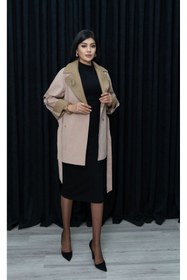 Resim Eccim Fashion Keten Yaka Yılan Broşlu Astarlı Kısa Kadın Trençkot 