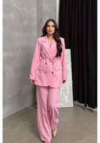Resim Kadın İkili Blazer Ceket Pantolon Takım Aksesuar Ve Düğme Detaylı Bol Paça Pembe 