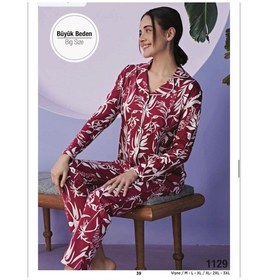 Resim Miss Klein Kadın Büyük Beden Gömlek Yaka Pamuklu Likralı Uzun Kol Pijama Takımı 1129 - 1 Adet Vişne 