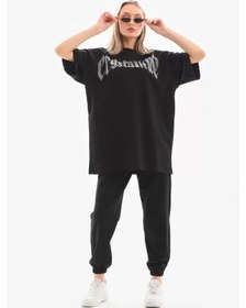 Resim Soonaksesuar Unisex Taş Desenli Oversize T-shirt - Beyaz SIYAH 