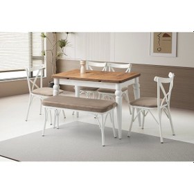 Resim Ahşap Salon Yemek Masa Sandalye Takımı 1 Bench 4 Sandalyeli Yandan Açılır Büyüyen Meşe 70x110cm Meşe-cappicino-beyaz 