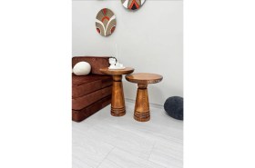 Resim Ahşap 2'li Set Mantar Yan Sehpa Modern Açık Ceviz Fiskos Zigon Çiçeklik 