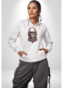 Resim Müzik Kulaklık Takan Kurukafa Kırmızı Gül Kadın Erkek Beyaz Kapüşonlu Sweatshirt Hoodie Beyaz 