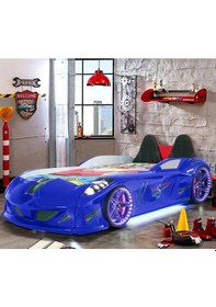 Resim Arabalı Yatak, Jaguar Koltuklu Full Ledli Arabalı Yatak - Mavi 1 Adet Comfort Yatak 