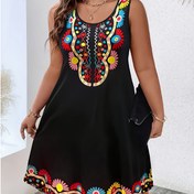 Resim Kadınların Büyük Beden Kolsuz Tribal Baskılı Maxi Elbisesi - Canlı Çiçek ve Geometrik Desen, Zarif Yuvarlak Yaka, Hafif Kumaş, Günlük ve Formal Etkinlikler İçin Mükemmel, Günlük Etkinlik Elbisesi | Canlı Baskılı Elbise | Hafif Elbise 