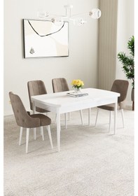 Resim Mabel Beyaz Desen 80x132 Mdf Açılabilir Mutfak Masası Takımı 4 Adet Sandalye Cappucino 