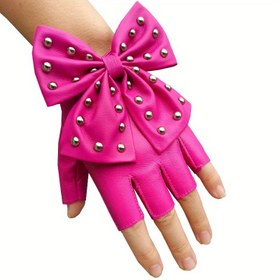 Resim Kadınların Bow ve Stud Süslemeleri ile Parmaksız Eldivenleri, Gece Kulüpleri, Barlar, Festivaller, Performanslar, Pole Dansı ve Dans için Mükemmel. 