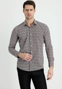 Resim Siyah Uzun Kol Slim Fit Dar Kesim Baskılı Pamuk Gömlek Kigili