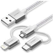 Resim Ugreen 2.4A MFI Sertifikalı 3ü 1 Arada Örgülü iPhone Type-C Micro USB Şarj Kablosu Silver 1.5 Metre 