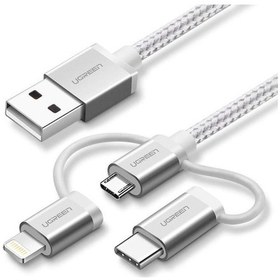 Resim Ugreen 2.4A MFI Sertifikalı 3ü 1 Arada Örgülü iPhone Type-C Micro USB Şarj Kablosu Silver 1.5 Metre 