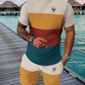 Resim Erkek Yazlık Spor Giyim Seti, 3D Baskılı Crew Neck T-Shirt ve Şort, Nefes Alabilen Polyester Örgü Kumaş, Hafif Esneklik, Normal Beden, Hafta Sonu Rahat Giyim 