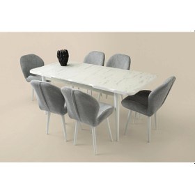 Resim Ahşap Salon Yemek Masa Takımı 6 Porto Sandalyeli Ortadan Açılır 90x160cm Mermer Desen Gri 