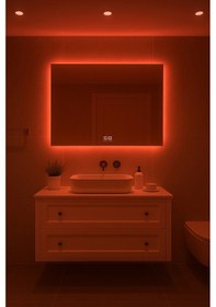 Resim Digital Hayat Buğu Çözücü Dokunmatik Dimlenebilir Dikdörtgen Ayna Kırmızı Işıklı Led Dekoratif Banyo Makyaj Aynası Yatay Ve Dikey Kullanım Kırmızı 