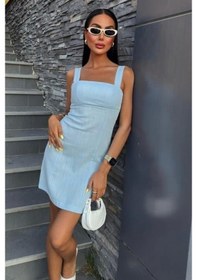 Resim Kare Yaka Mini Elbise 2903 Mavi 