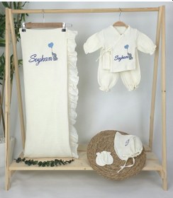 Resim Gros Shop Müslin Yeni Doğan 4katlı Organik %100pamuk Kişiye Özgü Nakışlı Hastane Çıkış Seti Filli Model-2 Ekru 