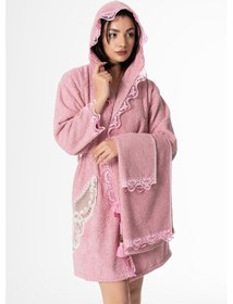 Resim Flora Gelin Bornoz Seti 5 Parça Dantelli Çeyiz Bayan Bornoz Seti Pembe 