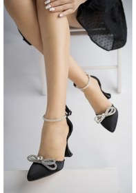 Resim BulutMod Kadın Saten Fiyonklu Taşlı Abiye Topuklu Ayakkabı Siyah 