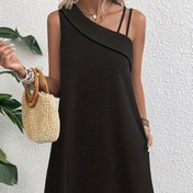 Resim Şık Tek Omuzlu Mini Elbise - Günlük Kolsuz, Asimetrik Etek, Düz Renk, Esnek Polyester Karışımı, Makinede Yıkanabilir - Yaz İçin Mükemmel 