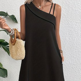 Resim Şık Tek Omuzlu Mini Elbise - Günlük Kolsuz, Asimetrik Etek, Düz Renk, Esnek Polyester Karışımı, Makinede Yıkanabilir - Yaz İçin Mükemmel 
