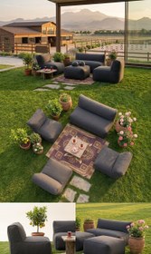 Resim Velvet Serisi Armut Bahçe Mobilyası, Balkon Takımı Su Geçirmez Kumaş 2+1+1 + Puf - Krem 
