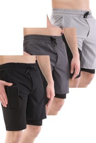 Resim Ghassy Co Erkek 3'lü Paket Running Hızlı Kuruma Micropoly Antrenman Fitness Kısa Taytlı Spor Şort 