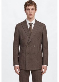 Resim Altınyıldız Collectıon Erkek Kahverengı Yünlü Slim Fit Dar Kesim Kırlangıç Yaka Çizgili Torba Cepli Kruvaze Takım Elbise Kahverengi 