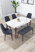 Resim Canisa Kar Serisi, Beyaz Masa 80x132 Açılabilir Mdf Mutfak Masa Takımı,4 Antrasit Sandalye 1 Bench 
