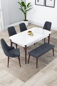 Resim Canisa Kar Serisi, Beyaz Masa 80x132 Açılabilir Mdf Mutfak Masa Takımı,4 Antrasit Sandalye 1 Bench 