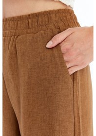 Resim Genius Store Kadın Pantolon Keten Karışımlı Beli Lastikli Kırışmaz Kumaş Pantolon Keten-pantolon Kahverengi 