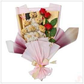 Resim 6 Pelüş Ayıcıklı Ve 3 Yapay Güllü Buket, 59cm X 45cm 