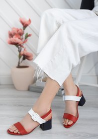 Resim ZAPO Kadın Üçrenk Beyaz Tokalı Kırmızı Lacivert Topuklu Günlük Ayakkabı 