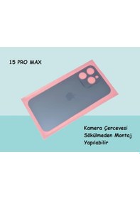 Resim Tkgz Apple Uyumlu iPhone 15 Pro Max Arka Pil Batarya Kapağı - Cam Kapak Geniş Lens Deliği - Mavi Çok Renkli 