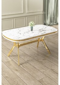 Resim Canisa Olya Serisi 90x168 Lak Panel Beyaz Mermer Desen Masa Takımı Gold Ayaklı 4 Antrasitsandalye Masa Beyaz Mermer Antrasit Sandalye 