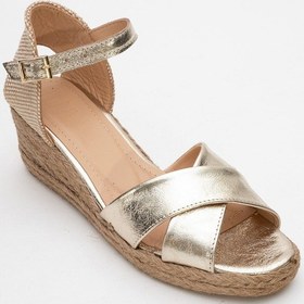 Resim Luvi Shoes Miria Altın Hakiki Deri Çapraz Bantlı Kadın Dolgu Topuklu Sandalet Altın 