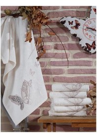 Resim Fransız Güpürlü Nakışlı Ömrüm Çeyizlik Bambu Havlu Krem 