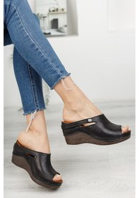 Resim Hakiki Deri Dolgu Topuk Kadın Terlik 