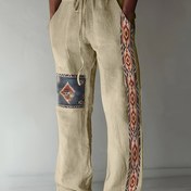 Resim Erkek Etnİk Stil Rahat Pantolon, %65 Pamuk %35 Polyester Karışımı, Geometrik Desen, Bağcıklı Bel, Normal Kalıp, Dokuma Kumaş, 120g/m², İlkbahar/Sonbahar Sezonu, Olgun Okazyon, Cep Detaylı Normal Uzunluk - 2603 Serisi 