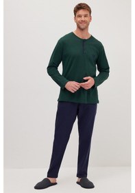 Resim Tudors Erkek Standart Fit Normal Kesim %100 Pamuk Bisiklet Yaka Beli Lastikli Lacivert Pijama Takımı-37945 Lacivert 