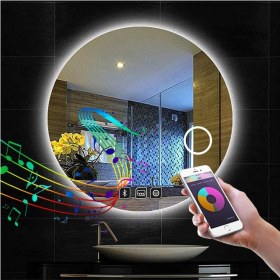 Resim Dnr-Mirror90 Cm Bluetoothlu Buğu Yapmayan Dokunmatik Tuşlu Makyaj Aynalı Beyaz Ledli Yuvarlak Banyo Aynası 