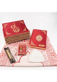 Resim Kuran + Seccade + Tesbih + Takke + Esans + Misvak Hediye Seti Orta Boy, Raşel Cilt, Bordo 