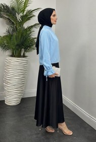 Resim Tesettür Diyarı Rahe Kolları Büzgü Bağlamalı Saten Tesettür Gömlek- Mavi 