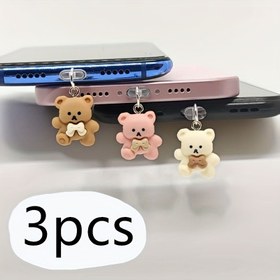Resim 3 adet (kahve + pembe + bej) sevimli 3D karikatür Ayı telefon toz tıkaç kolye, mükemmel hediye 
