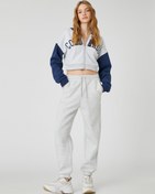 Resim Şardonlu Crop Sweatshirt Fermuarlı Kapüşonlu Kolej Baskılı 