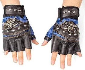 Resim Motosiklet Eldiveni, 1 Çift Suni Deri Perçinler Korsan İskelet Eldivenleri Punk Yarım Parmak Eldiven Motosiklet Sürme Açık Hava Sporları için Erkek Eldiveni (Mavi) 