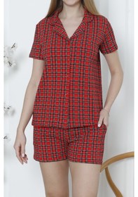 Resim Nicoletta Kadın Düğmeli Şortlu Pijama Takımı Ekoseli Pamuklu Likralı Cepli Kırmızı Nıc1077 R02 Kırmızı 