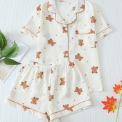 Resim Kadınlar İçin Casual Ayı Baskılı Polyester Pijama Seti, Kısa Kollu, Yaka Klapası ve Rönesans Detayı, Dokuma 2 Parça Yaz Uyku Giysisi, Düğmeli Gömlek ve Şort ile 