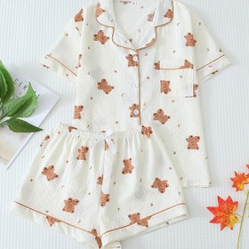 Resim Kadınlar İçin Casual Ayı Baskılı Polyester Pijama Seti, Kısa Kollu, Yaka Klapası ve Rönesans Detayı, Dokuma 2 Parça Yaz Uyku Giysisi, Düğmeli Gömlek ve Şort ile 