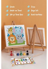 Resim Safari Hayvanları Çocuk Boyama Tuvali Şövaleli Eğitici Boyama Seti 20x20 Cm 