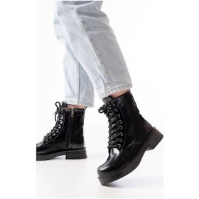 Resim 02-356 Siyah Rugan Düz Topuklu Bağcıklı Fermuarlı Günlük Kadı... Siyah 